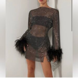 Heiress Beverly Hills Crystal Embellished Feather Trim Mini Dress Black
